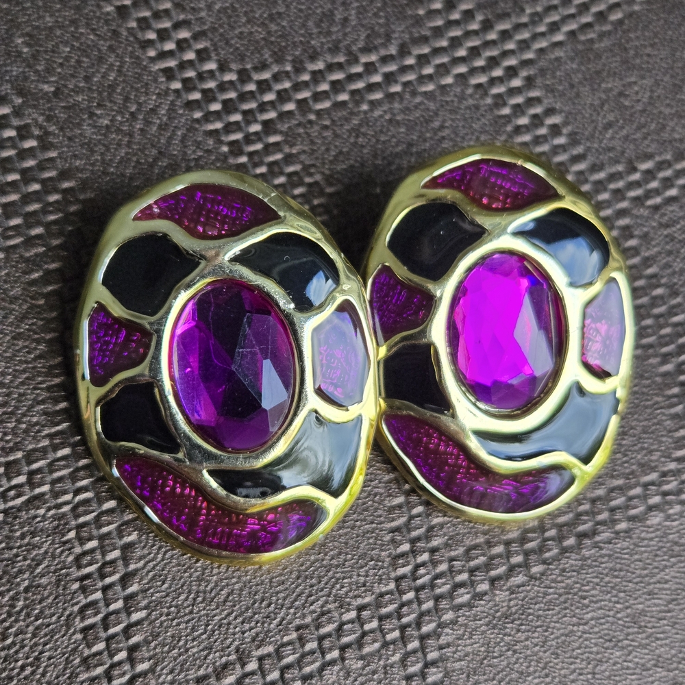 VINTAGE 1980's Elegant Gold and Purple Statement  Earrings